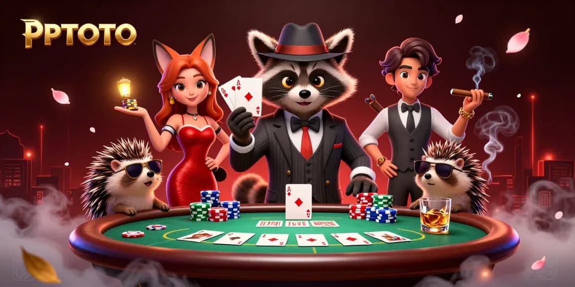 PPTOTO menampilkan suasana poker dinamis dengan racoon yang elegan, rubah yang bergaya, dan landak sebagai pengawal di tengah elemen permainan yang hidup.
