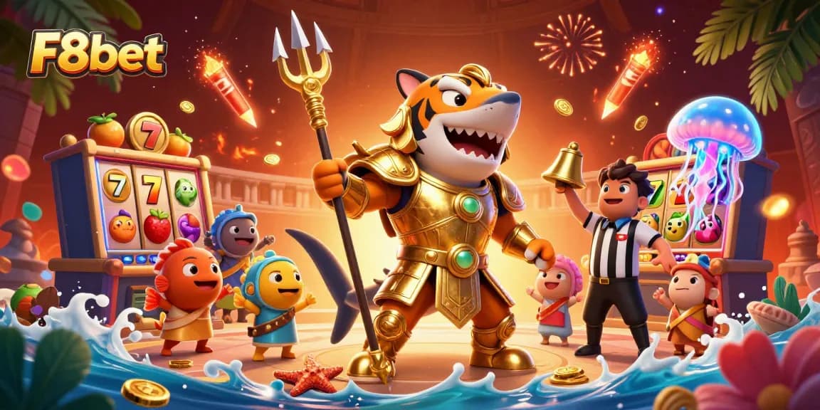 Join the action with F8bet as the golden gladiator tiger shark battles in an underwater casino.