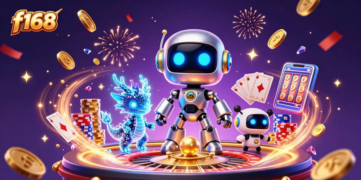Experience dynamic gaming with f168, featuring vibrant 3D characters and casino elements.