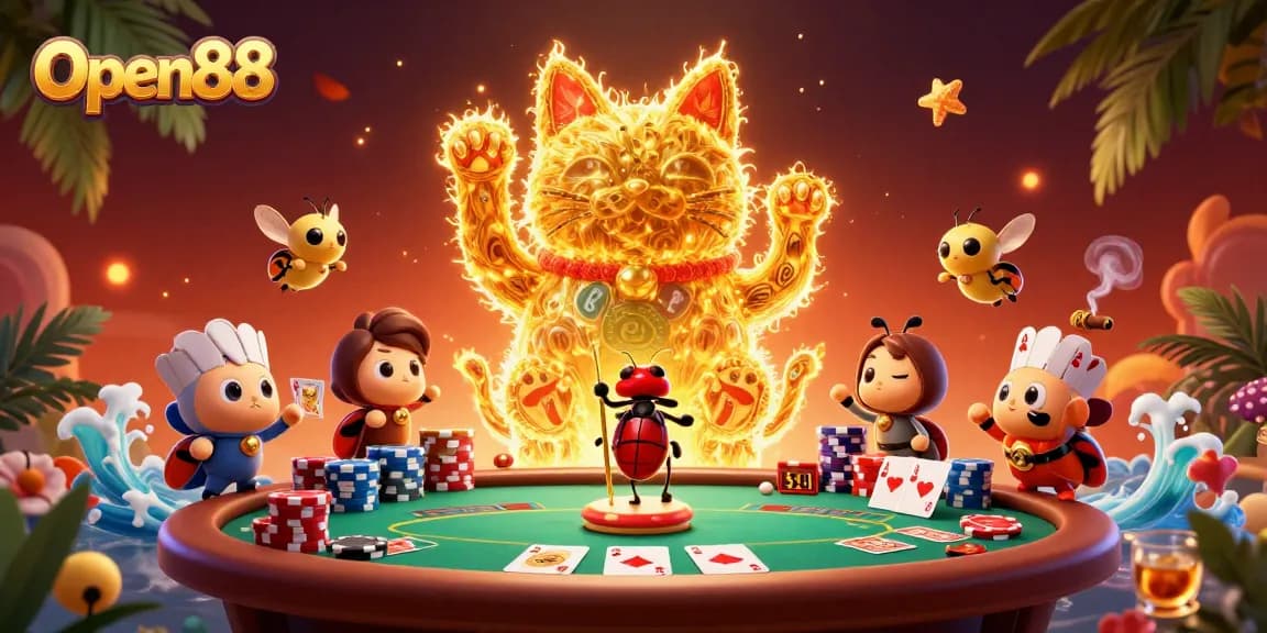 Experience thrilling wins at Open88 with a vibrant 3D depiction of a lucky cat and casino excitement.