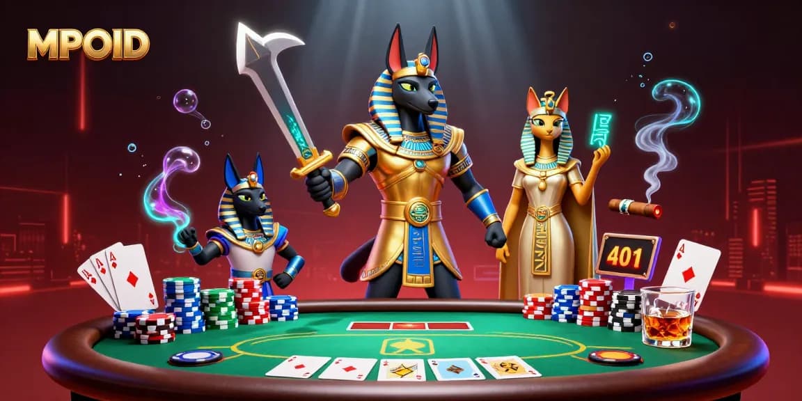 MPOID offers an immersive poker experience with Anubis and Bastet amidst vibrant gaming elements.