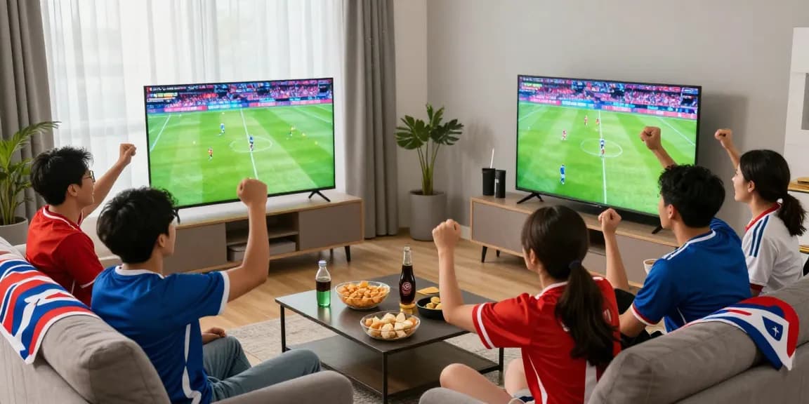 Pelota Libre fans cheering together while watching a live football match in their living room, creating a vibrant and engaging sports atmosphere.