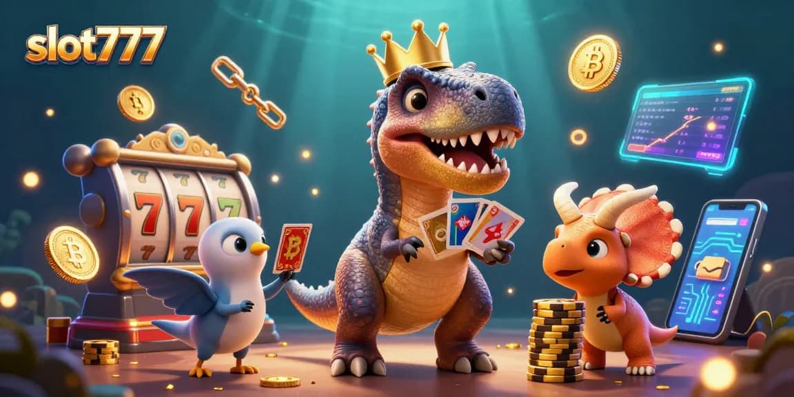 Engage with slot777 on a vibrant 3D illustration featuring friendly dinosaurs in a casino scene.