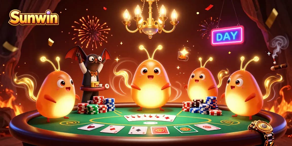 Engage in thrilling card games at Sunwin casino, illuminated by vibrant glowworms and exciting confetti.