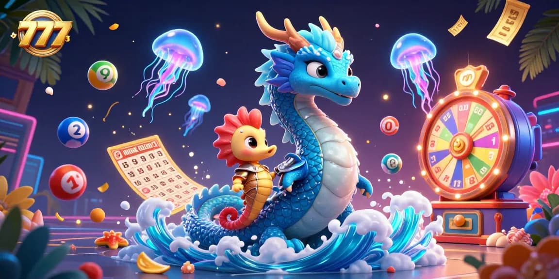 Spin the 777-themed lottery with vibrant action, featuring a fantasy dragon and seahorse in a colorful scene.