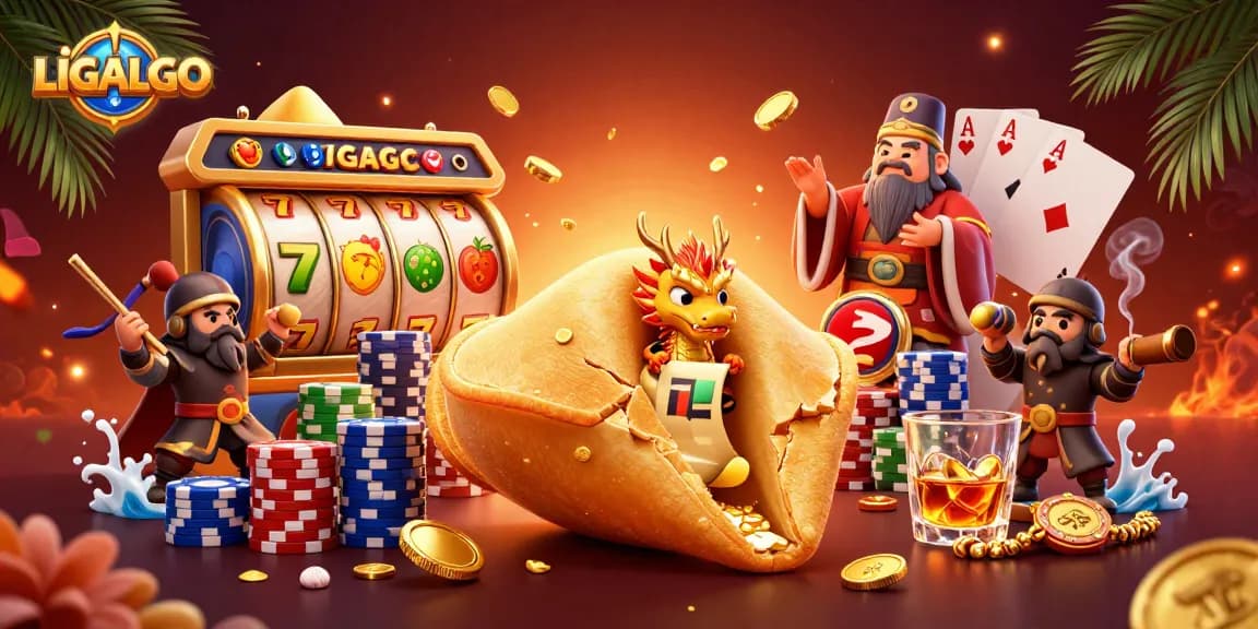 LIGALGO's vibrant slot game adventures with a golden fortune cookie, dragon, and dynamic gaming elements.