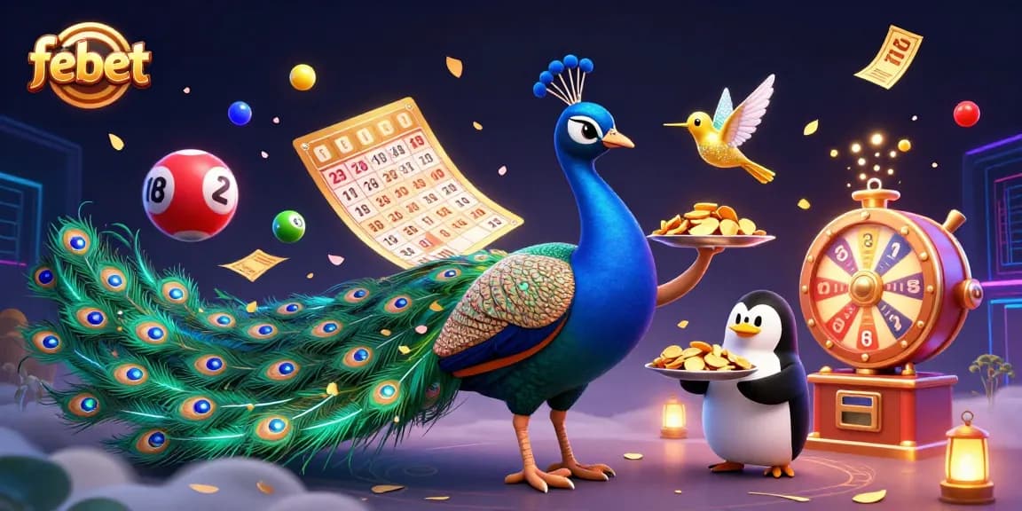 Engaging febet casino scene with a peacock, penguin, and hummingbird amid lottery elements.