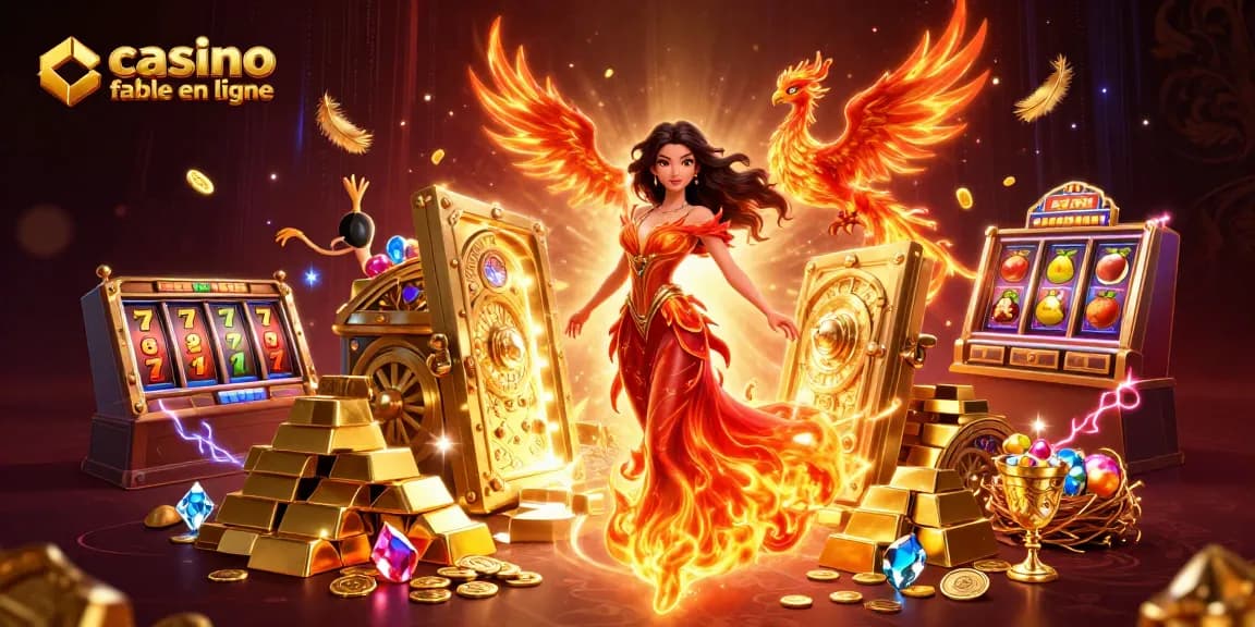 Vivez l'excitation dans un casino fiable en ligne avec des héros dynamiques et des trésors entourant une scène de jeu engageante.