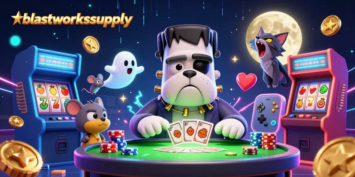 blastworkssupply reveals a lively casino scene with cartoon characters and slot elements.