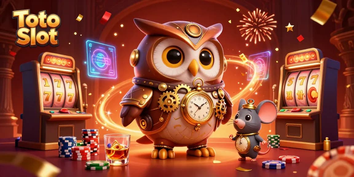 Toto Slot players engaging with vibrant 3D illustration of a steampunk owl and clockwork mouse amid a lively casino