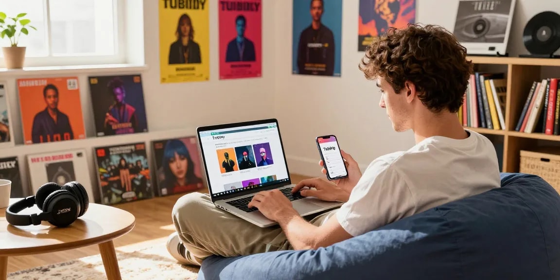 Young man using Tubidy to download MP3 tracks in a cozy home setup.