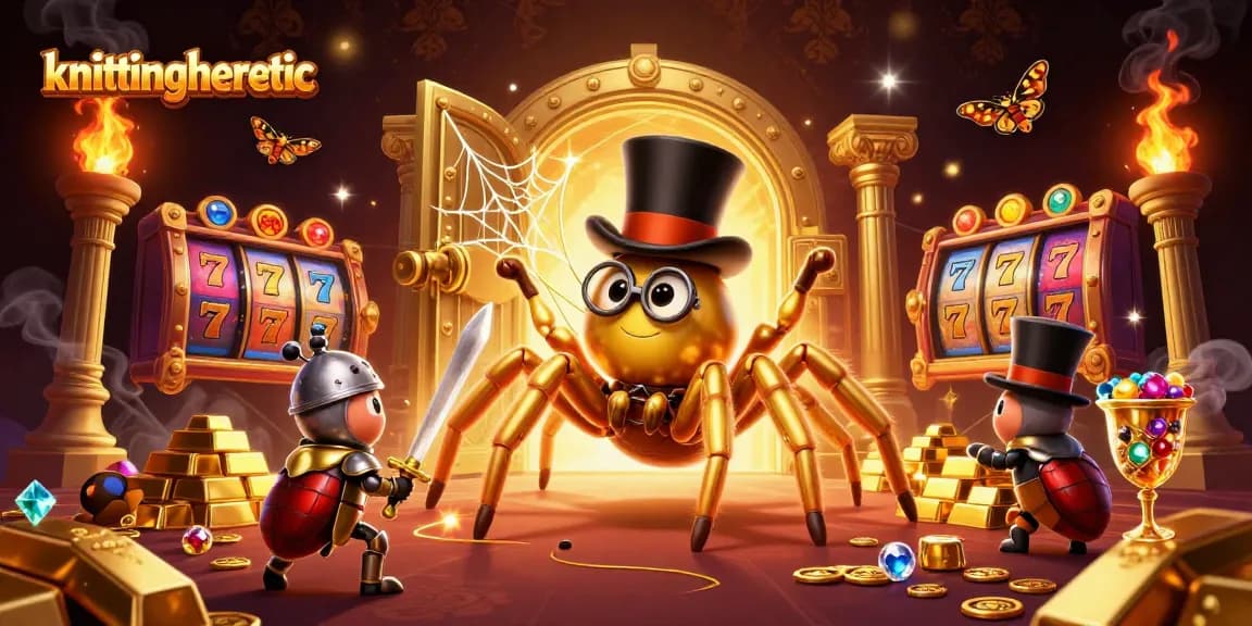 knittingheretic showcases a dynamic scene of a golden tarantula weaving a winning web of slot reels and treasures.