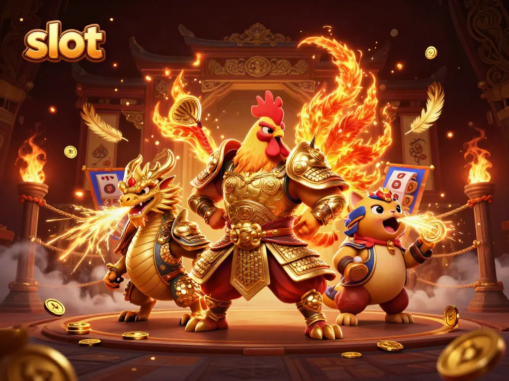 Experience thrilling slot action with cartoon warriors and dynamic game elements in an epic casino scene.