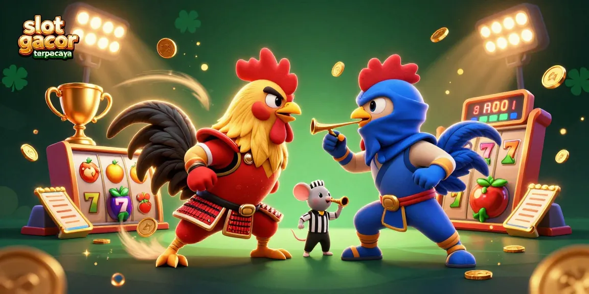 Gambar slot gacor terpercaya dengan dua ayam bertarung dalam arena kasino, simbol keuntungannya.