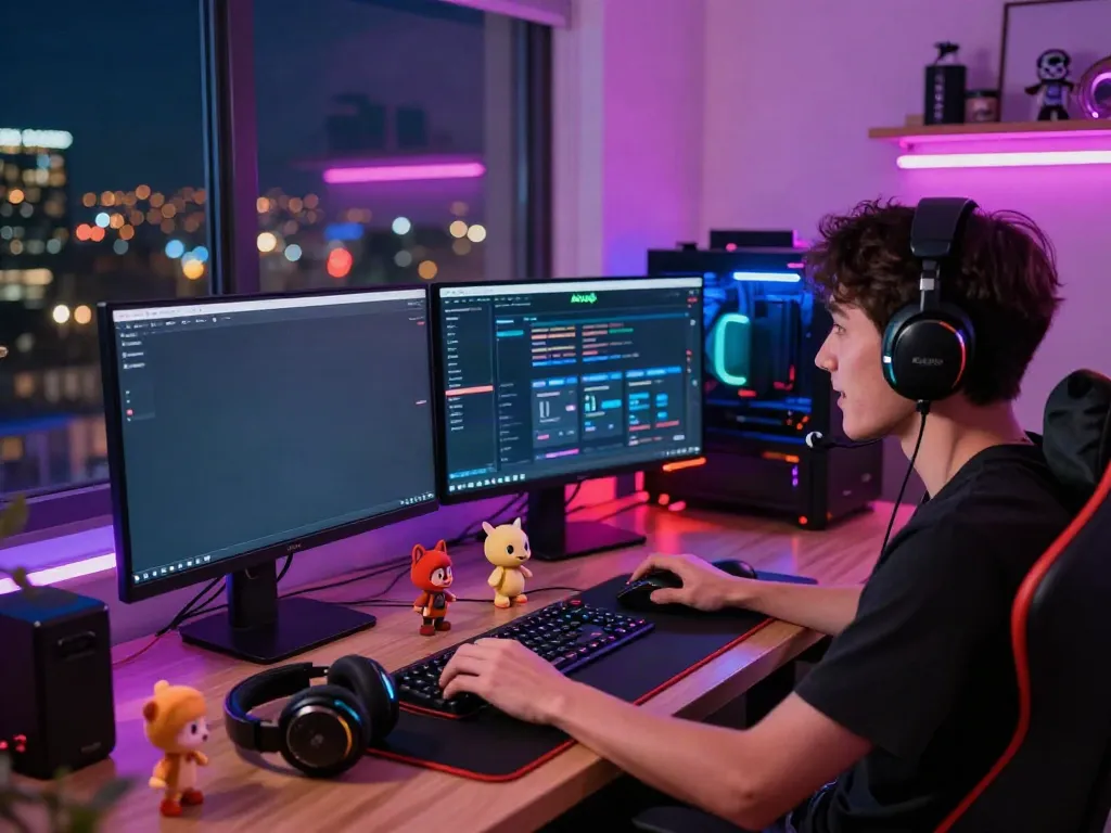 Player engaging with akunjp platform in a cozy gaming room filled with LED lights and gaming accessories.