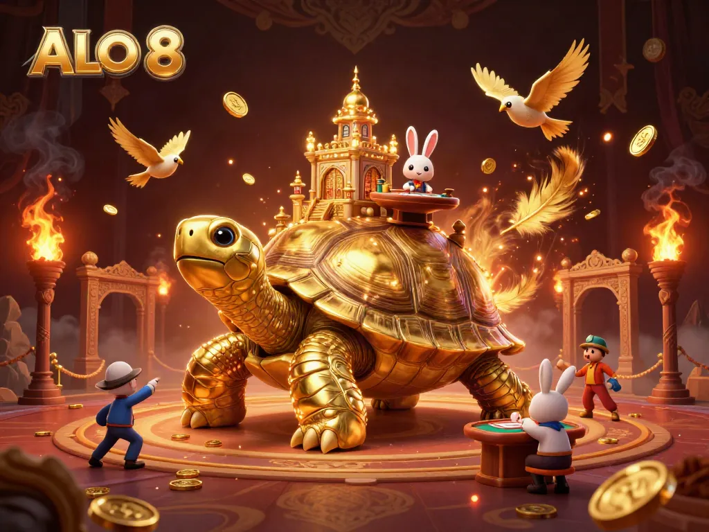 A gambler's paradise, featuring the ALO 8 casino with a golden tortoise, rabbit dealer, and coins flying in an exciting atmosphere.