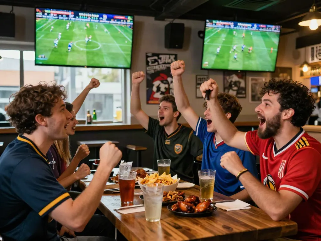 Link alternatif 7meter di bar olahraga yang ramai dengan teman-teman merayakan kemenangan.