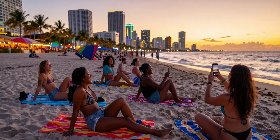 Teman-teman bersenang-senang di Miami Beach saat matahari terbenam, https://miami4d.com/ sebagai latar belakang pemandangan yang indah.