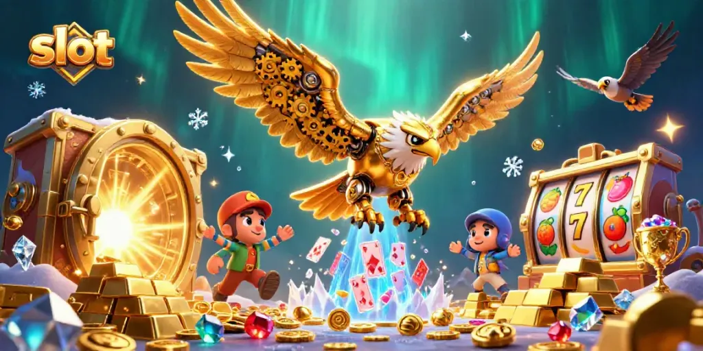 Experience thrilling slot adventures with a cybernetic eagle amid holographic playing cards and gold treasures.