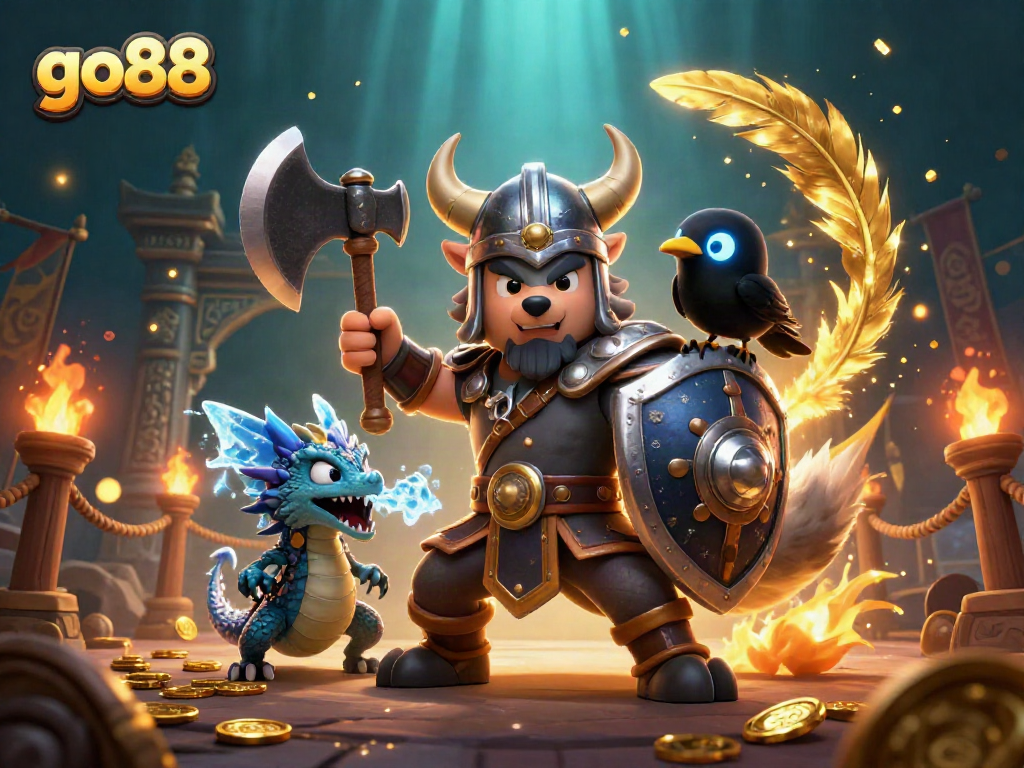 Engage with the go88 gaming experience featuring a valiant Viking wolf, fierce dragon, and radiant raven in a vibrant casino arena.