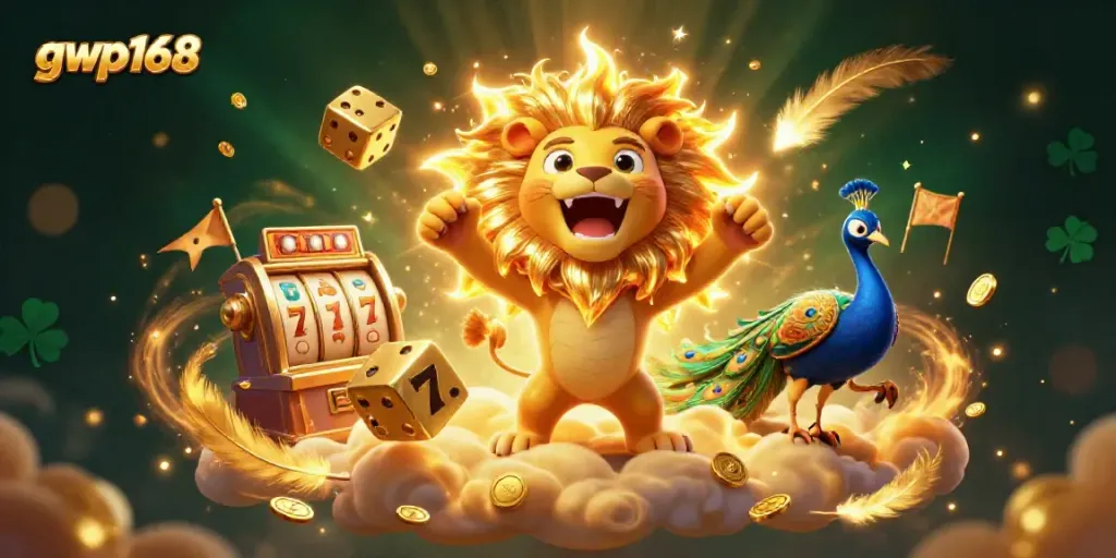 GWP168 menampilkan singa bercahaya yang mengamuk di tengah mesin slot, progresif jackpot.