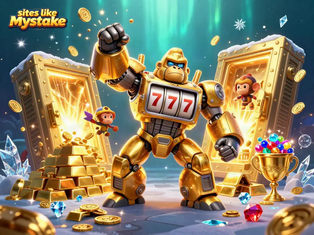 Spin to win at top sites like mystake with a golden gorilla mech amidst treasures.