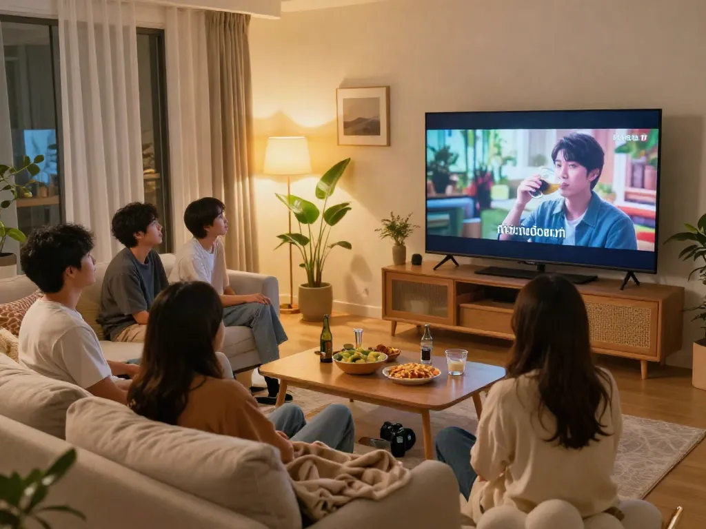 เพื่อนๆ นั่งดูหนังเอวีซับไทย.live ในห้องนั่งเล่นอบอุ่นพร้อมขนมและเครื่องดื่ม