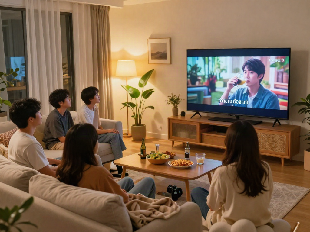 เพื่อนๆ นั่งดูหนังเอวีซับไทย.live ในห้องนั่งเล่นอบอุ่นพร้อมขนมและเครื่องดื่ม