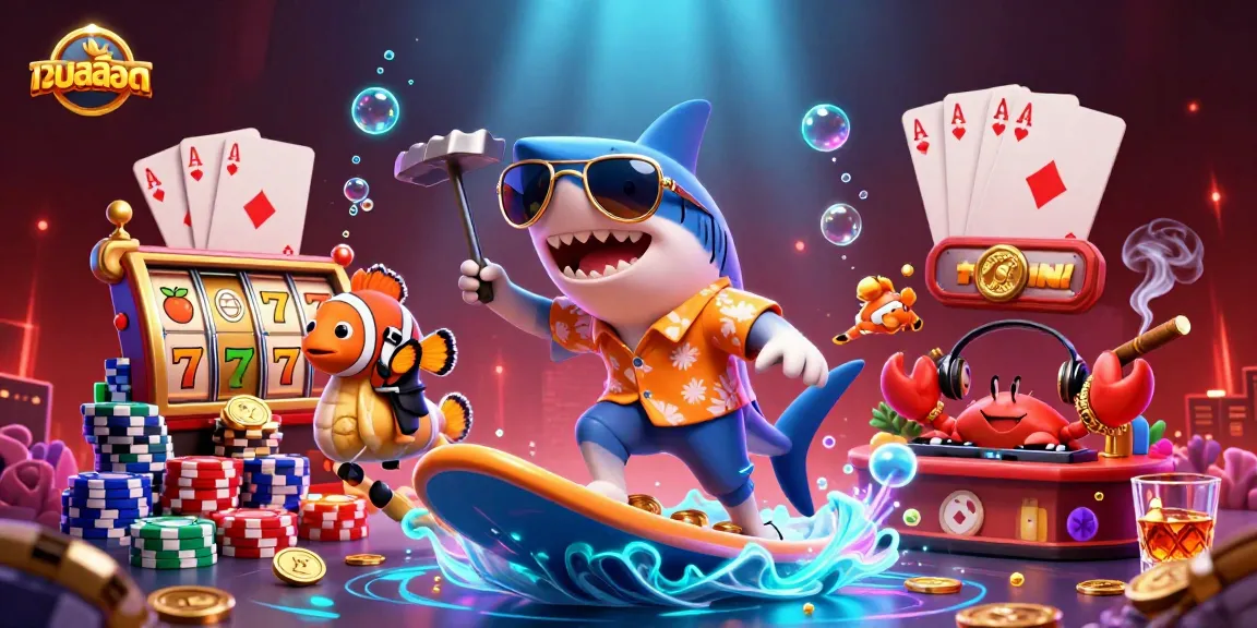 Experience เว็บสล็อต excitement with a 3D shark surfing gold coins alongside a tuxedo clownfish.