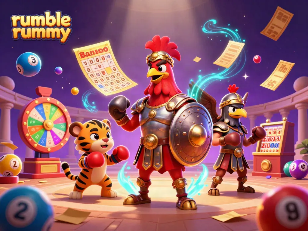 Engage in the excitement of Rumble Rummy with a vibrant 3D illustration showcasing dynamic gambling elements.