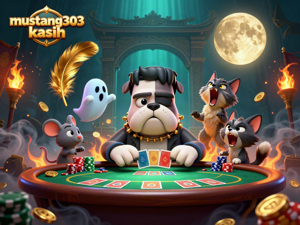 Experience thrilling gameplay with mustang303 kasih as a bulldog dealer and ghostly elements at a vibrant casino.