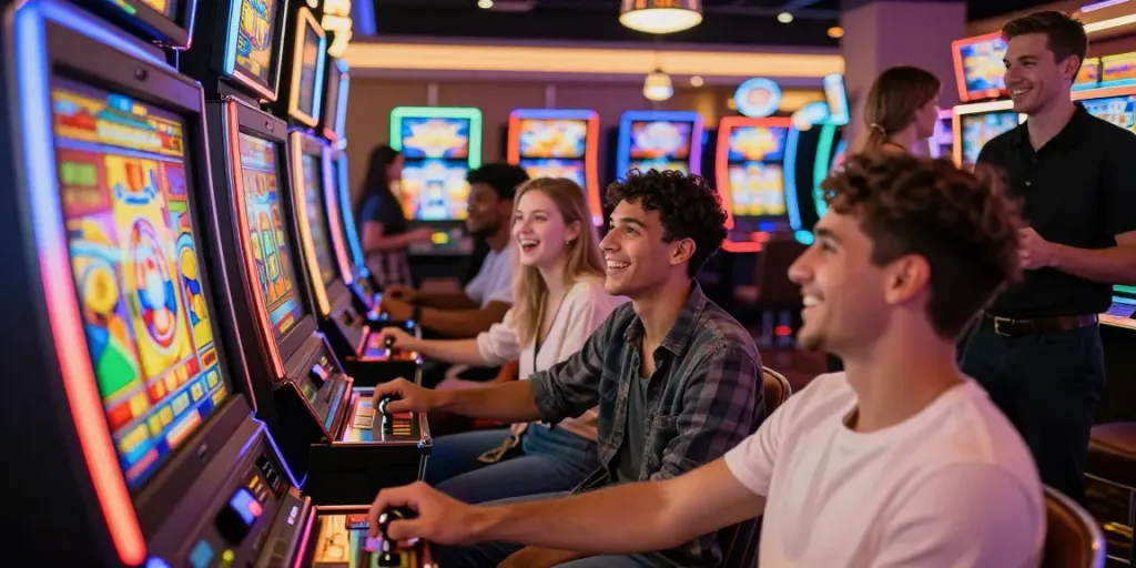A80 slot information platform showcasing a lively group of friends enjoying slot machines in a vibrant casino atmosphere with colorful lights.