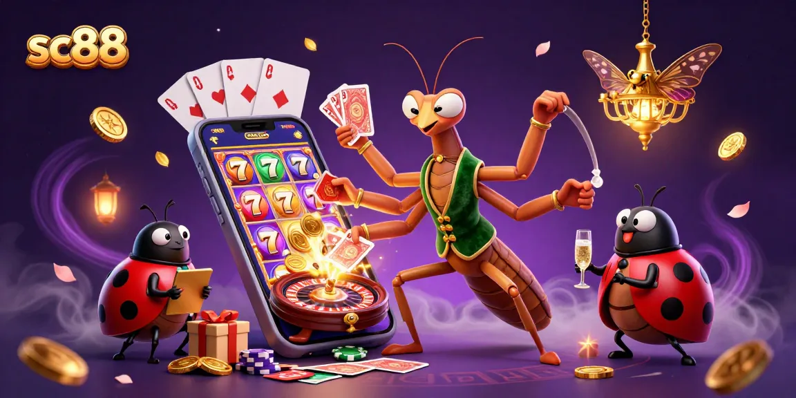 Engage with sc88 as the giant praying mantis card sharp delights in a vibrant casino scene.