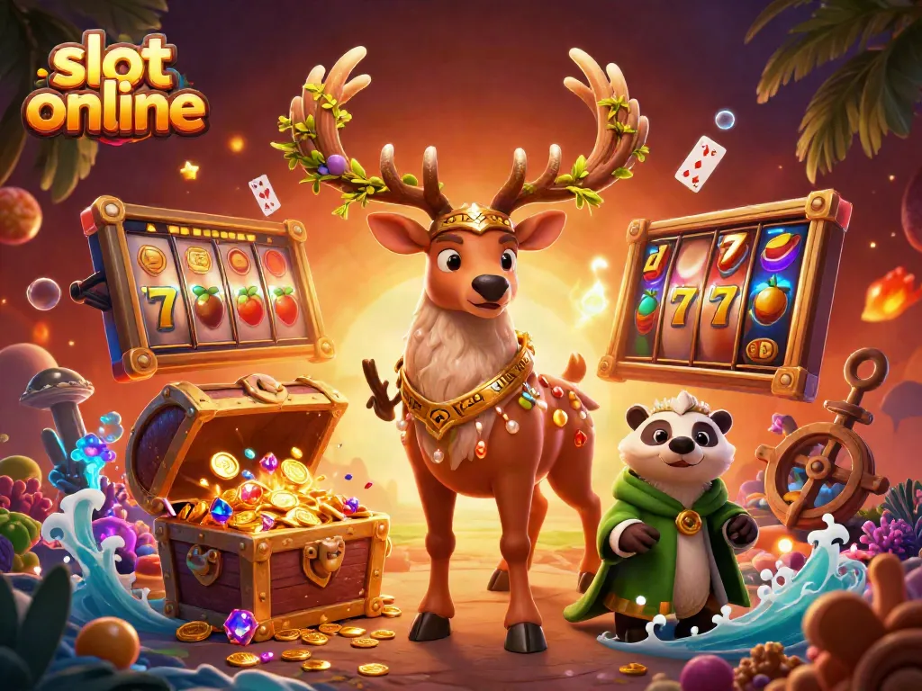 Slot online yang menampilkan karakter druid, badger, dan elemen kasino dalam ilustrasi yang cerah dan menarik.