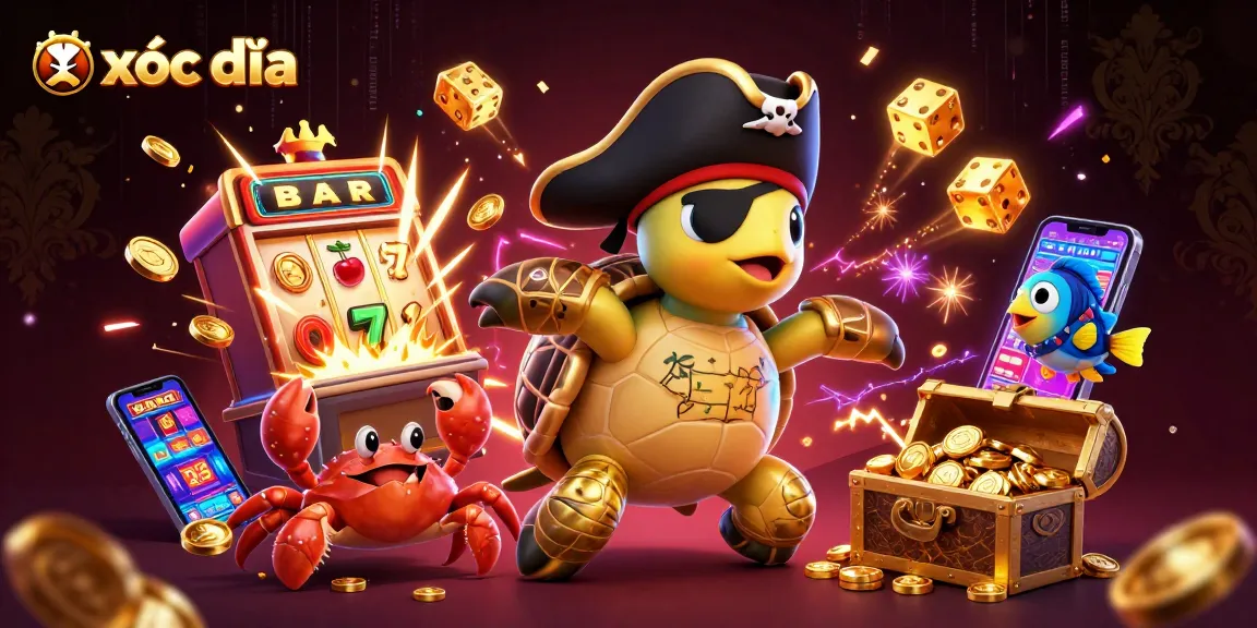 Xóc đĩa lively scene with a pirate turtle, hermit crab, and colorful slot machine bursting with coins.