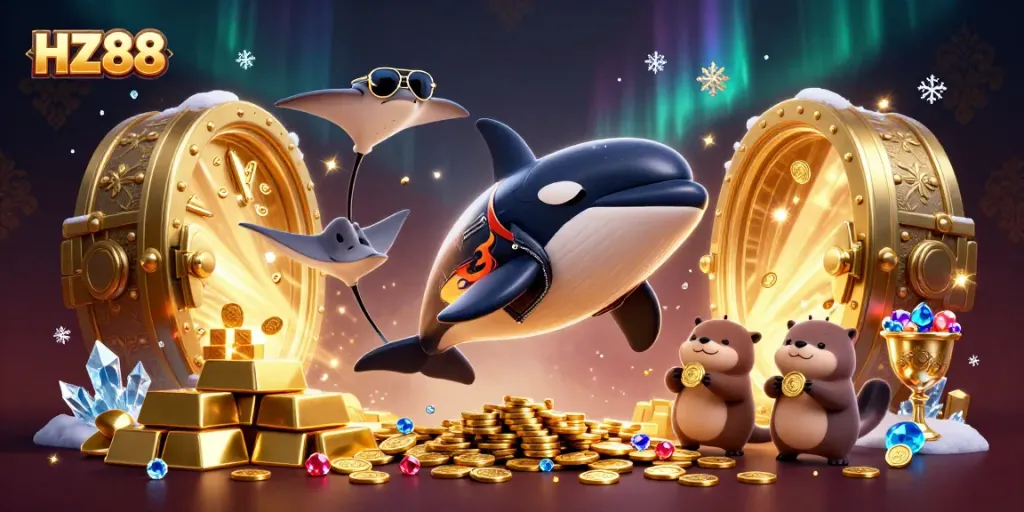 Experience thrilling gaming at HZ88 with this vibrant underwater casino adventure showcasing a whale, stingray, and otters with treasures.