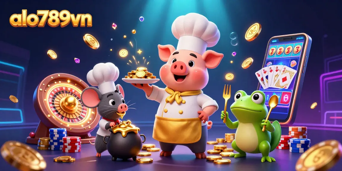 Experience thrilling casino fun at alo789vn with golden coins cascading from cartoon characters and a dynamic scene.
