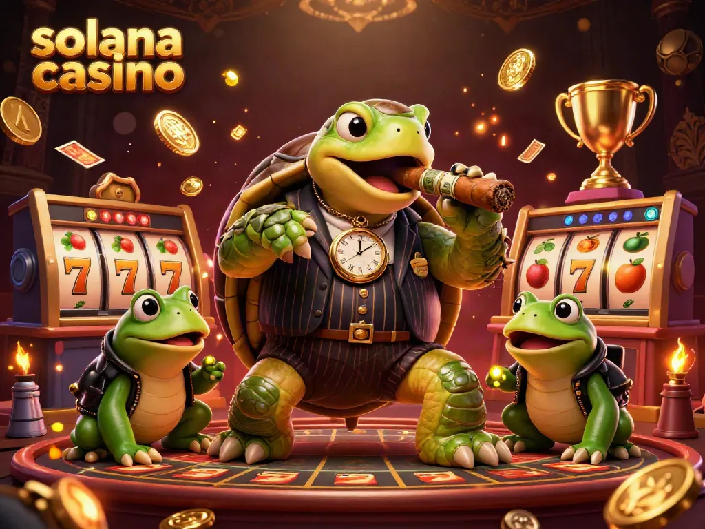 Spin the reels at solana casino with a 3D snapping turtle mobster and vibrant casino atmosphere.