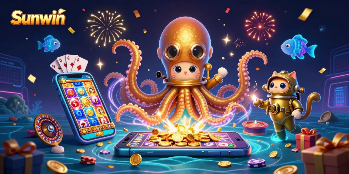 Experience exciting slot action with Sunwin's kraken and diving cat in a vibrant 3D casino scene.