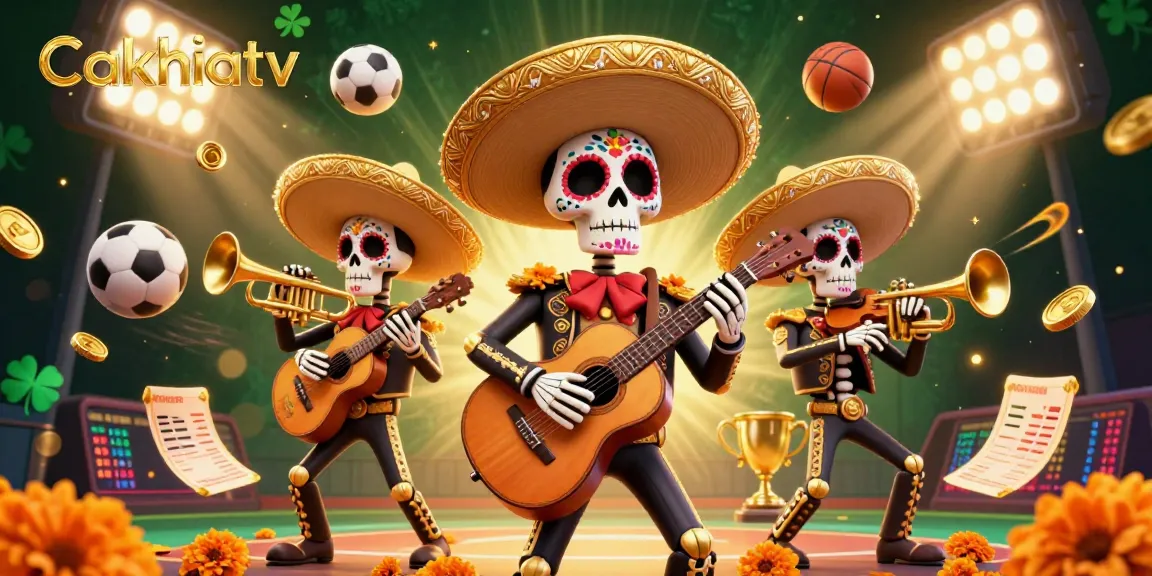 Cakhiatv showcases an exciting 3D sports betting scene with vibrant mariachi skeletons and dynamic game elements.