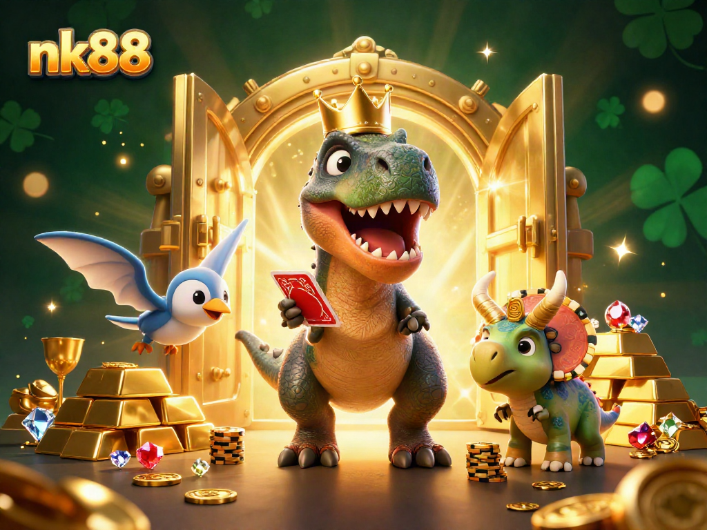 Experience thrilling moments at nk88 with T-Rex shuffling cards amid golden treasures and gaming excitement.