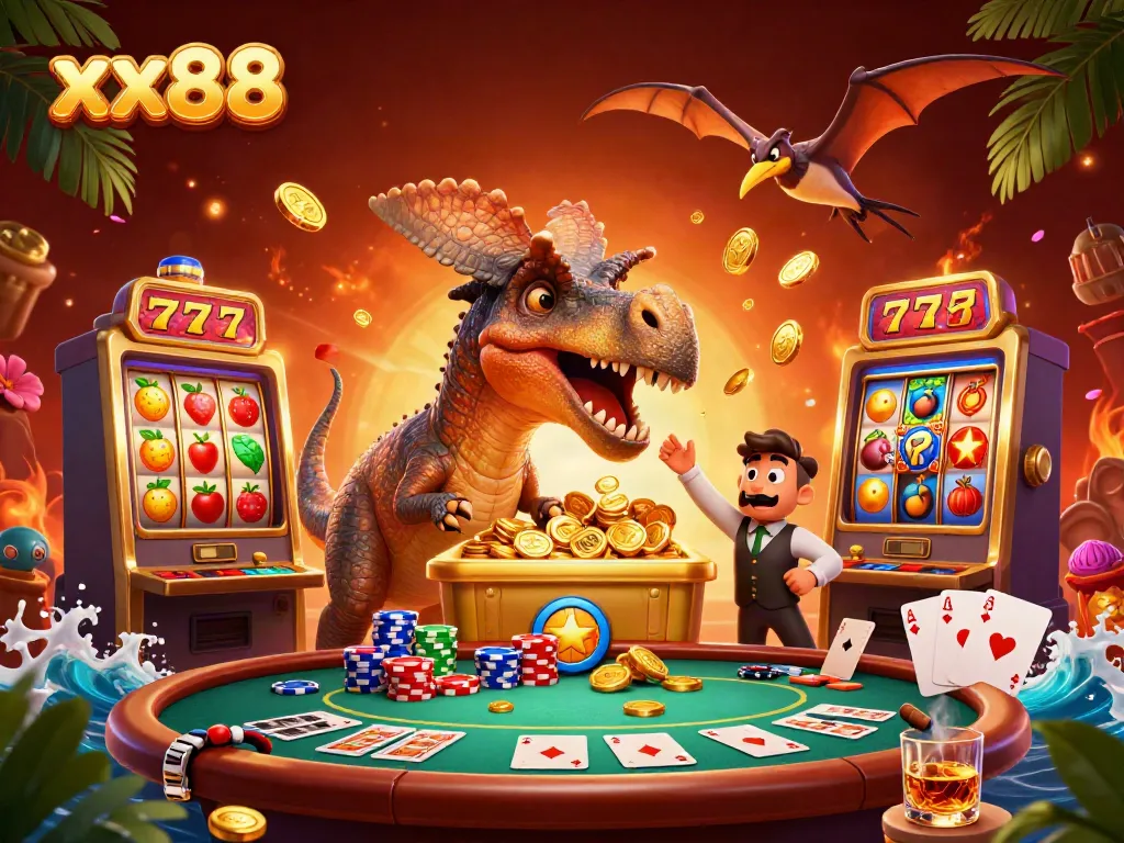 Experience the thrill of xx88 with a pachycephalosaurus and club-waving ankylosaur in a vibrant casino scene.