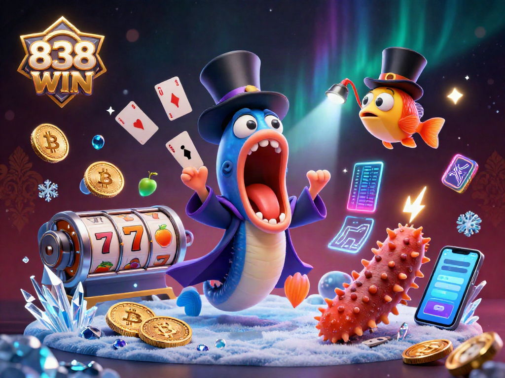 Experience thrilling card tricks with 838WIN's deep-sea characters in an electrifying casino scene.