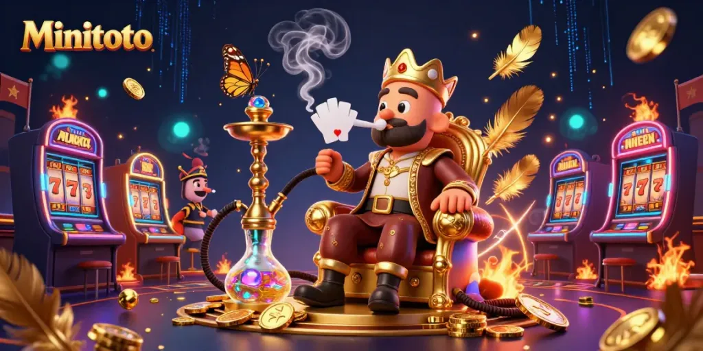 Minitoto dengan ilustrasi slot jackpot yang megah dan karakter menarik pada latar belakang yang dramatis.