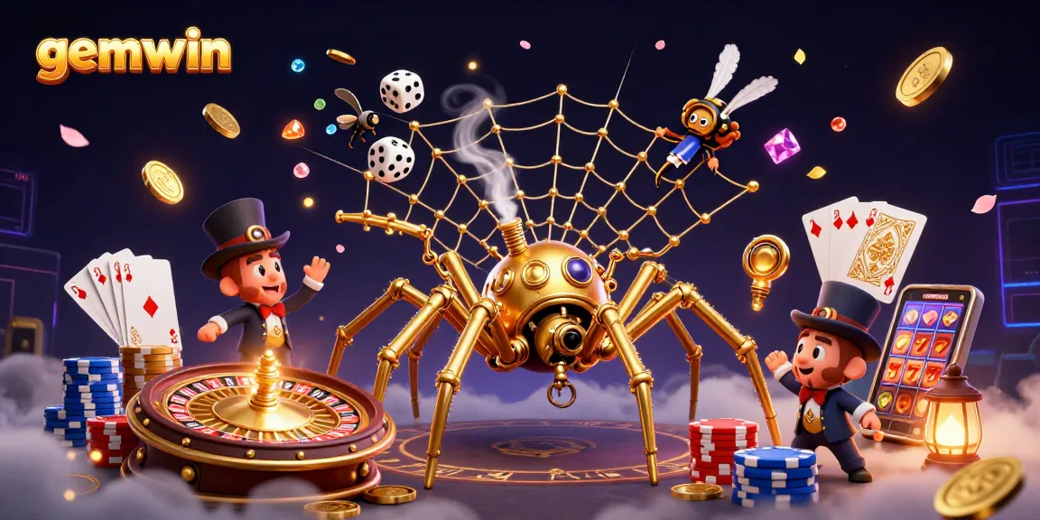 Experience gemwin's thrilling casino adventure with a steampunk spider and golden web of games.