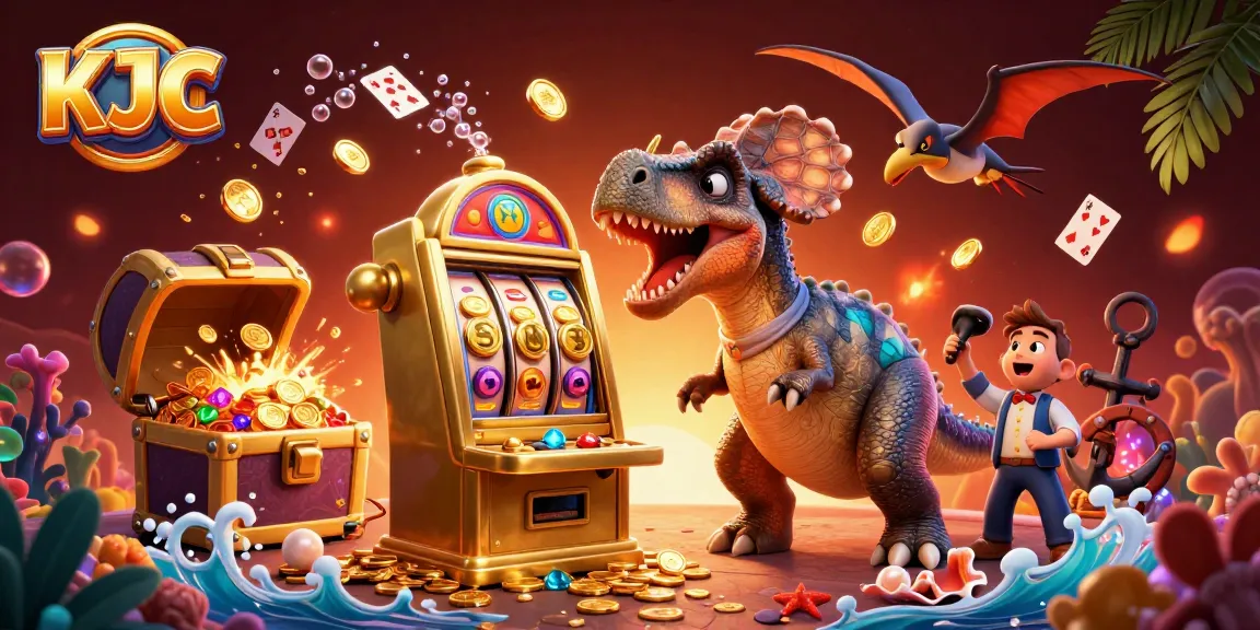 KJC enhances gaming experiences as a colorful 3D scene shows characters headbutting a slot machine and catching coins.