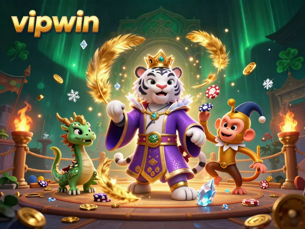 Experience the excitement of vipwin with a vibrant scene featuring an elegant tiger, a juggling monkey, and a jade dragon in a dynamic casino setting.