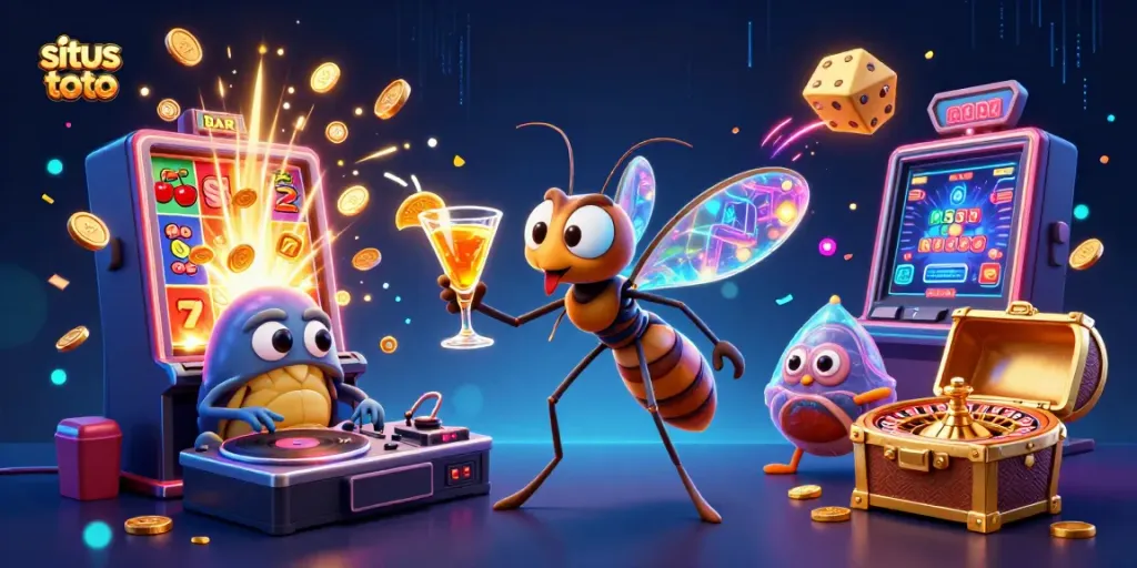 Experience the vibrant world of situs toto with a lively 3D casino scene featuring a unique mascot and exciting gaming elements.