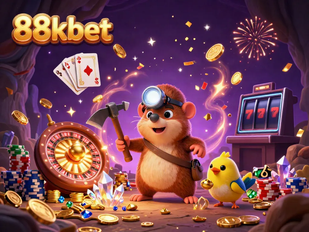 88kbet treasure hunt scene with a mole miner and canary revealing gems and treasures in a vibrant casino environment