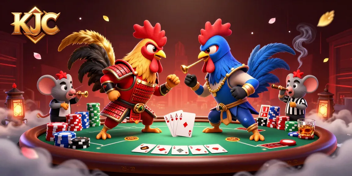 KJC fighting roosters engage in a dramatic poker showdown, showcasing rich casino elements.